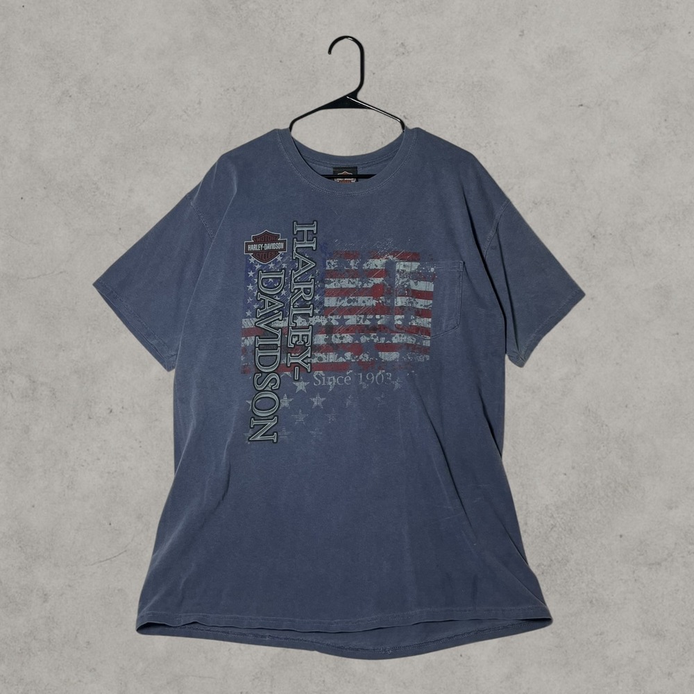 Harley-Davidson Mens Graphic Pocket T-Shirt Navy Blue American Flag Size L